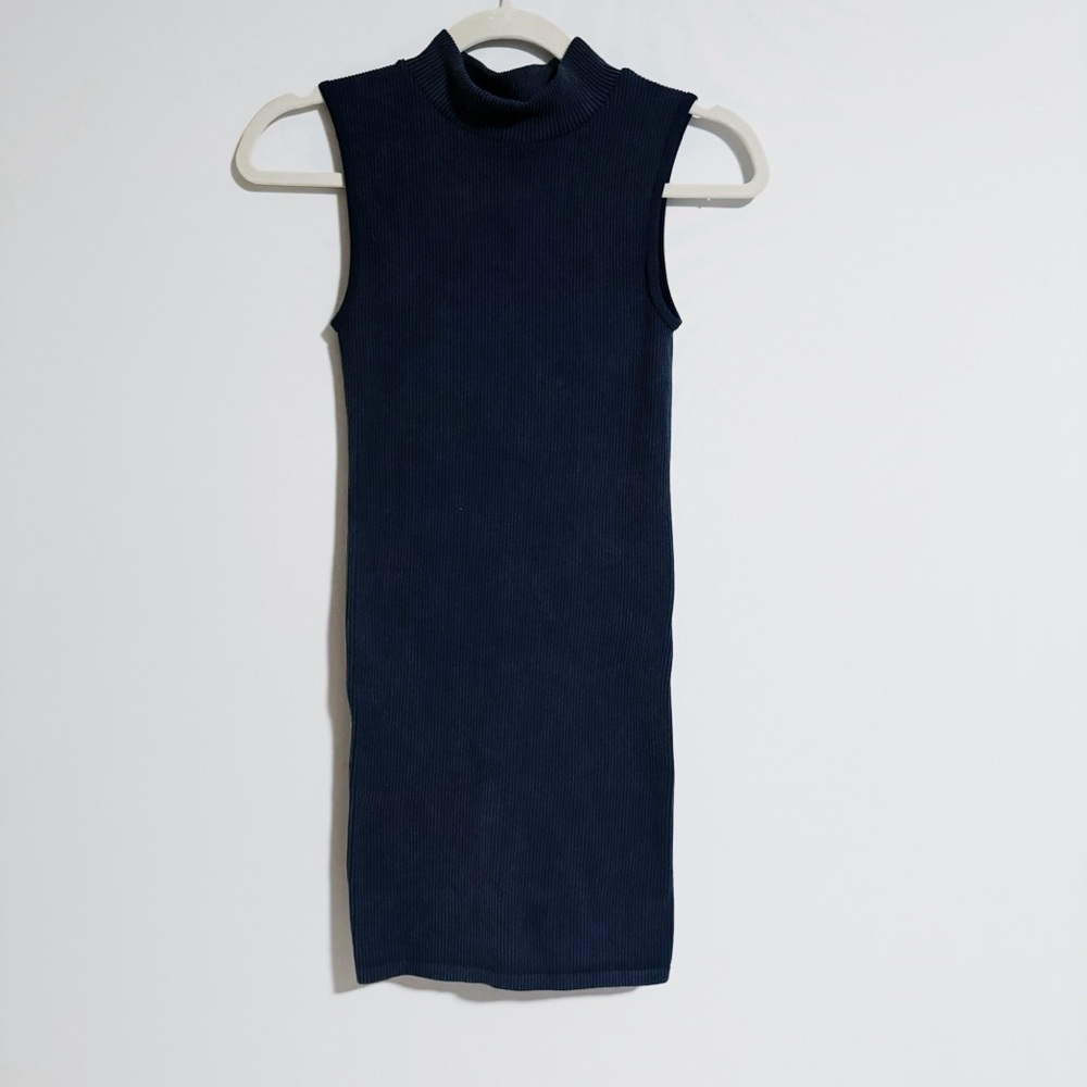 Zara - Dark Blue Ribbed Mock Neck Bodycon Dresss